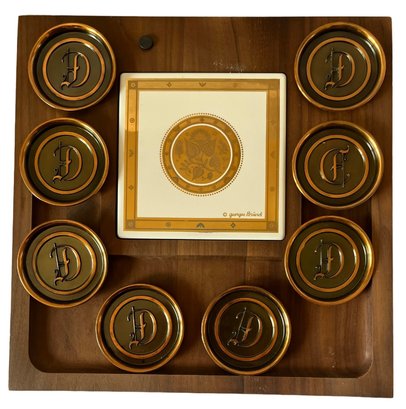 Classic Wooden Tray And Copper Coasters By Woodland Contemporary Elegance Designed And Signed - 14x14x1