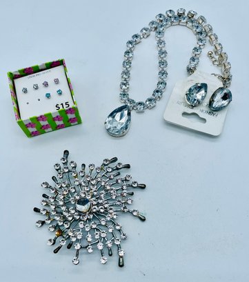 Rhinestone Collection: Large Brooch, Necklace & Matching Earrings, Tiny Pierced Earrings-clear, Pink And Blue