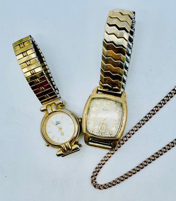 Vintage Watches. Not Tested. Elgin, Timex. Goldtone Chain.