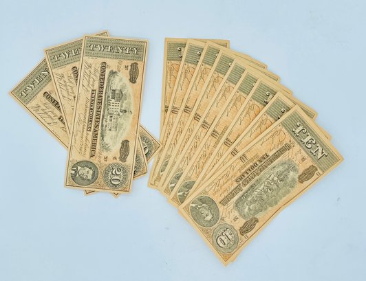 Confederate Currency Civil War Reproduction Bills $10, $20 Small Tears On Some Bills. See Photos.