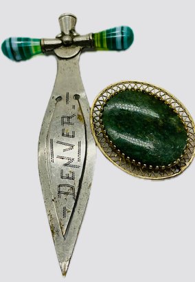 'denver' Bookmark With Green Marble Accents. Green Gemstone Pin Marked 925