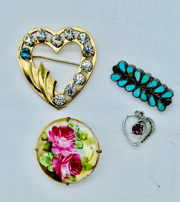 Pins And Pendant. Gemstones. Turquoise. Rhinestones.  Goldtone & Silvertone.