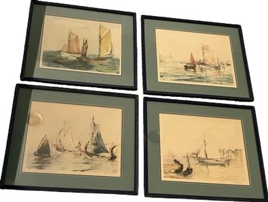 Four Boat Themed Watercolor Paintings Signed By Artist. 17x15