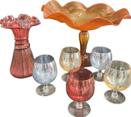Colored Glass Collection - Vase, Brandy Glasses, Candy Dish