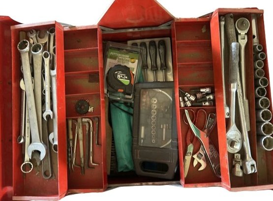Tool Box With An Assortment Of Wrenches, Alan Wrenches, And Small Hand Tools