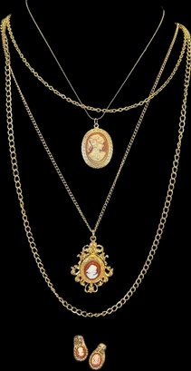 2 Gold Tone Cameo Necklaces And Earrings