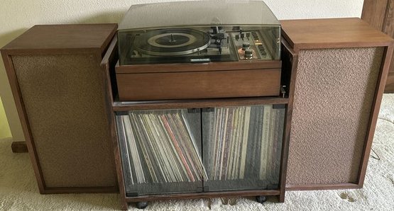 K.L.H. Record Player/Stereo(20.5W 10T 14.5D), Speakers (12.5W 24T 12D) And 80 Records