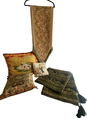 3 Needle Point Pillows With Velvet Zippered  Backs. Large Pillow Is 20x16.  Table Runner Is 72x13