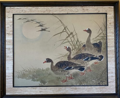 Watercolor Painting Of Water Fowl Signed By Artist K. Oya-32.5x27