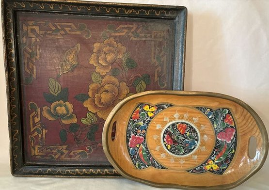 2 Floral Painted Wood Trays