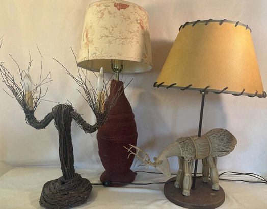 3 Natural Fiber Type Table Lamps, Bulbs Not Included