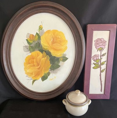 Rose Painting, Rose Tile Wall Art & Pottery Crock With Lid