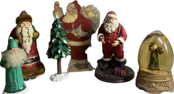 Miscellaneous Santa Claus/St Nic/tree Figurines. Varying Materials Of Wood, Ceramic, Papier Mache