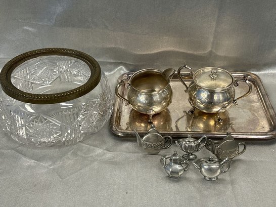 Lead Cut Glass Bowl, Silver Cream/Sugar/Tray, 5 Teapot Napkin Holders