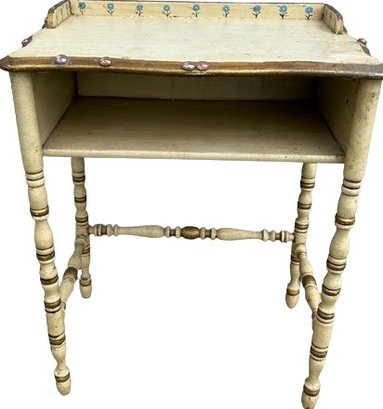 Quaint Yellow Tone, Rustic Side Table With Blue Flowers And Pink Marbles.  24 Wide X 16 Deep X 29 Tall