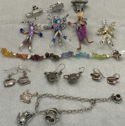Moonbabies Pins, Teapot Earrings And Bracelet, Microphone Pins