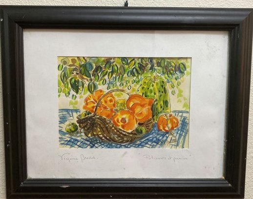 Framed Watercolor Potirons Et Panier Signed By Artist Virginia Bredel-14x11