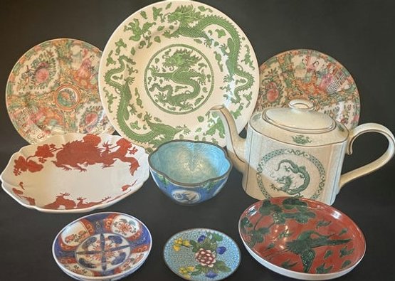 Variety Of Asian Plates, Small Bowl & Dragon Teapot