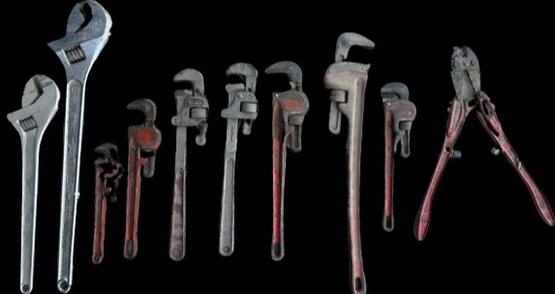 Assortment Of Wrenches & Pipe Wrenches, As Well As Sheers Longest 24
