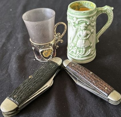 Two Pocket Knifes And 3' Stein