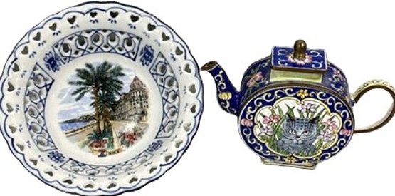 Ornate French Dish And Small Cat Teapot