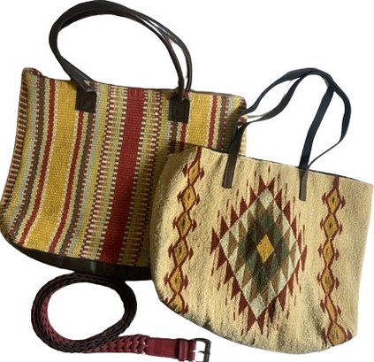 2 Rug Shoulder Bags And Red Belt.  Striped Bag 20x17, Native American Bag 18x15, Red Belt 53 Inches Long