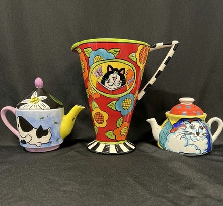 Cat-Themed Pitcher And (2) Teapots