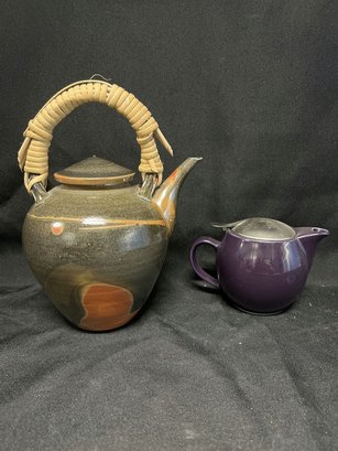 Wicker Handled Teapot & Purple Metal Topped Teapot