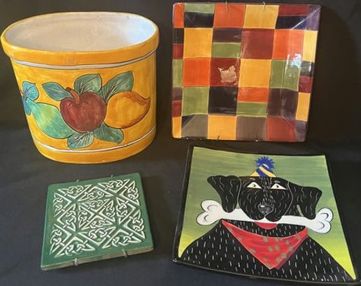Colorful Ceramic Trash Can & Decorative Plates