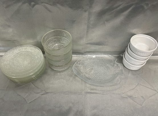 Kitchen Glass Collection Including Plates, Bowls, Ramekins, And Fish Styled Plate