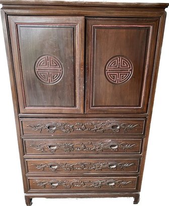 Vintage Chinese Hutch With Ornate Hand Carving Accents (Hardware Detached)-40W 64H 17.5D