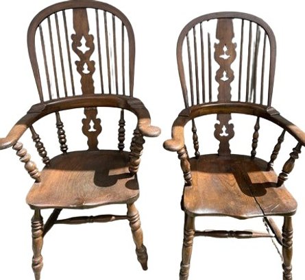 Pair Of 19th Century Ash English Windsor Armchairs With Decorative Splats Backs.  46 Tall X 27 Wide