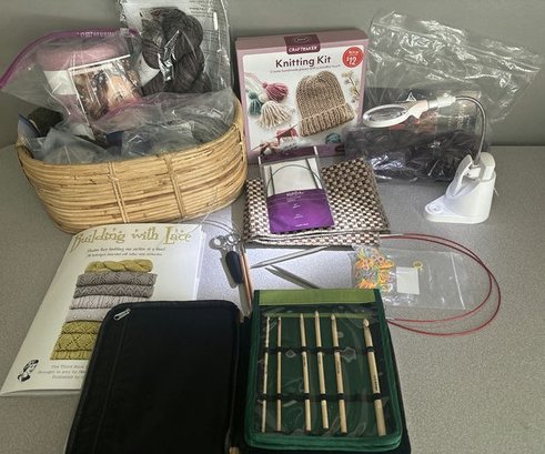 Knitting Needles, Kit, Magnifier, Yarn, Knit Picks Bag And Basket