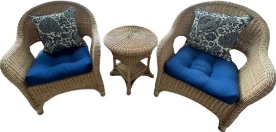 Wicker Chairs With Cushions & Small Round Table.