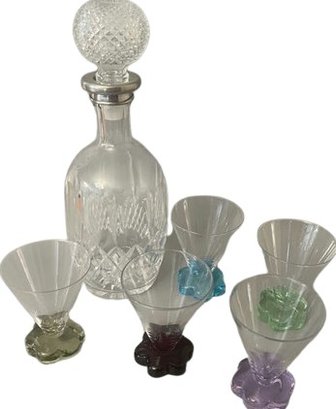 Crystal Decanter & Stemless Colored Glass Martini Glasses