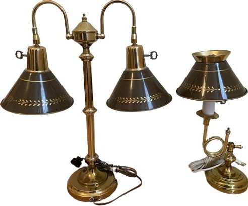 Brass And Black Metal Table Lamps (20in & 16in Tall) Tested.