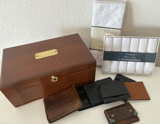 Wood Jewelry Box, New Handkerchiefs, Assorted Mens Wallets