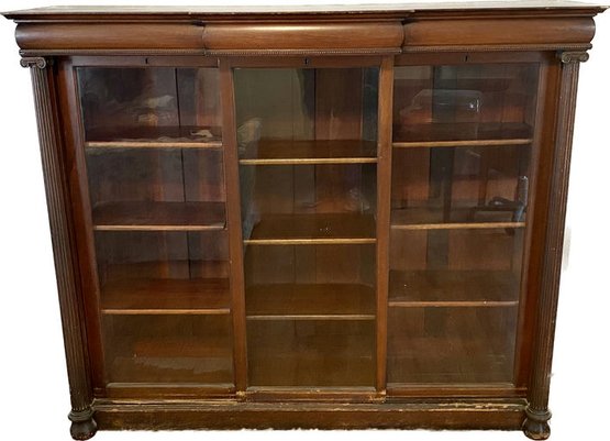 Vintage Wooden Bookcase With Three Sliding Glass Panes (67.25W 56T 19D)-Must Bring Help To Move