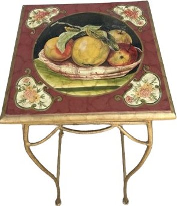 Small Accent Table With Fruit Basket Decor On The Top.