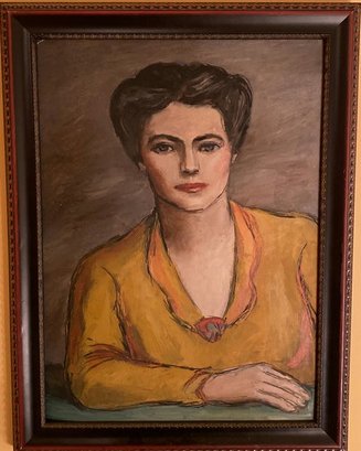 Vintage Acrylic Portrait Of Woman In Yellow Blouse (Artist Unknown)-19.5x25.5
