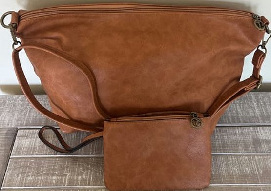 Soft Brown Leather Shoulder Bag With Clutch