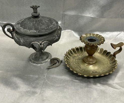 Vintage Brass Candle Holder And Cast Iron Basin With One Broken Handle