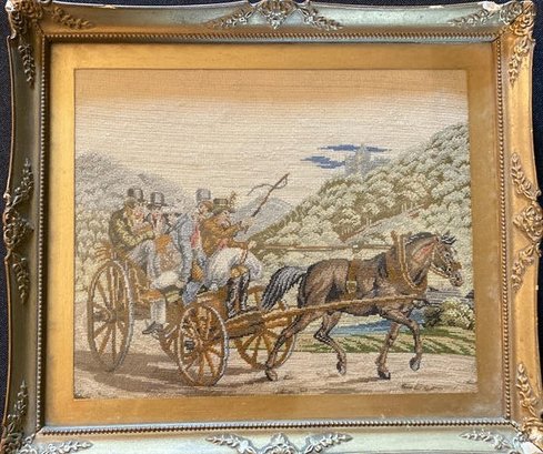 Framed Embroidery Art Of Gentlemen In A Wagon (Artist Unknown)-9x8