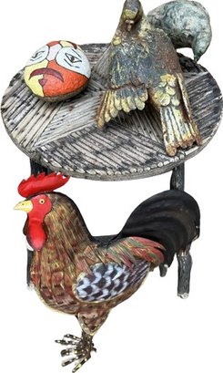 Outdoor Decorations Including (2) Metal Pigeon Statues, Metal Rooster, Wooden Stool, And Face Rock
