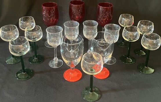 Variety Of Wine Glasses, Clear, Red & Green.