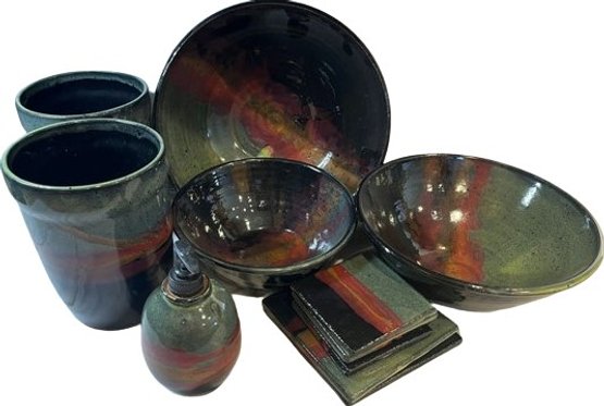 Always Azul Pottery: Three Serving Bowls, Vases, Soap Dispenser, Coasters, Trivets