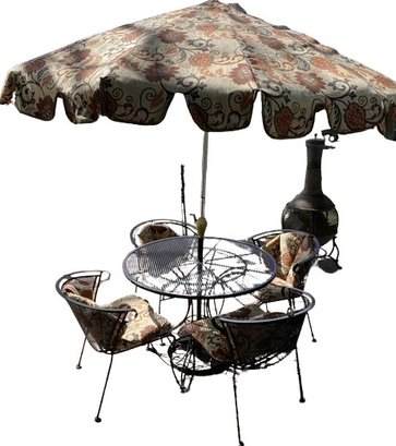 Patio Furniture Set Including Table, 4 Chairs W/ And CUSTOM Cushions, Umbrella & Stand (NOT Fire-Pit/Grill )