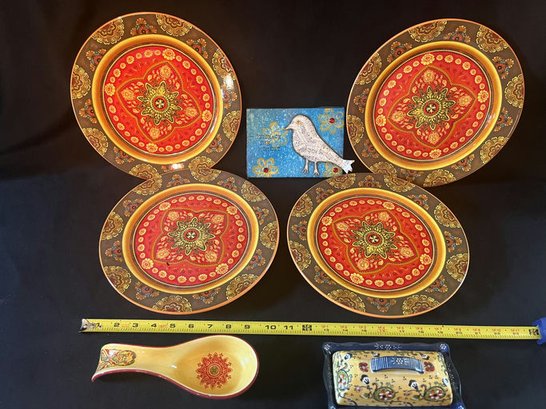 Colorful Plates, Butter Dish, Spoon Holder & Bird Art