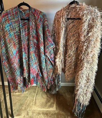 Two Colorful Wraps/ Shawls With Fringe. One Size Fits All.