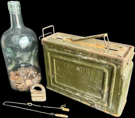 Ammo Box, Jar Of Pennies, Old Lock, Old Key
